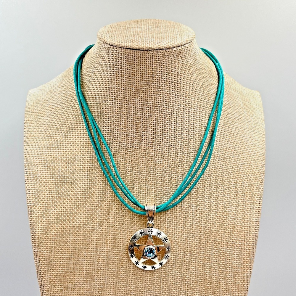 Vintage Star Pentagram Teal Cord Necklace Silver Tone Blue Crystal Boho‎ Retro